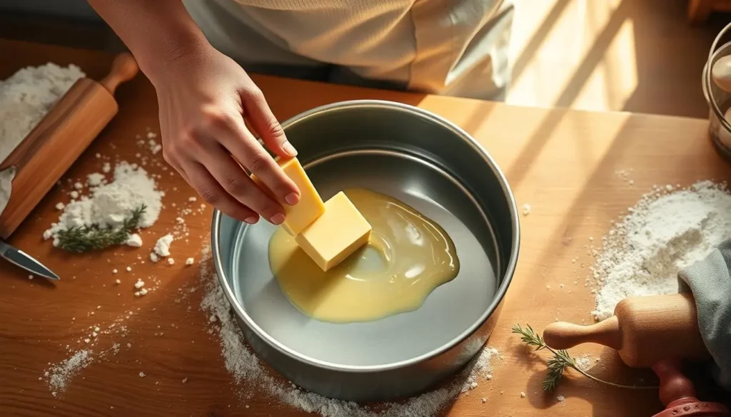 greasing a cake pan baker-adding-butter-to-cake-pan