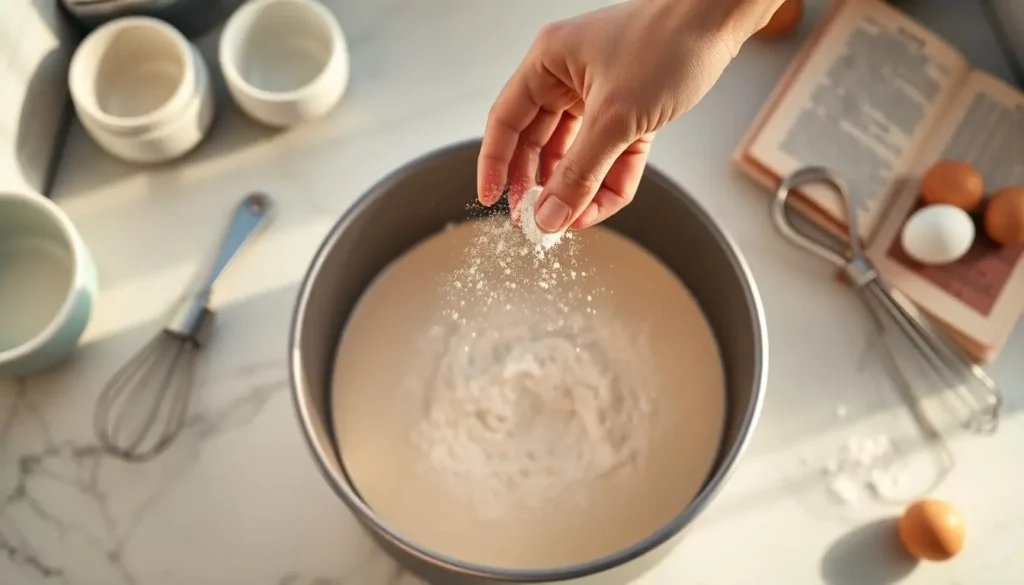 greasing a cake pan baker-dusting-flour-in-cake-pan