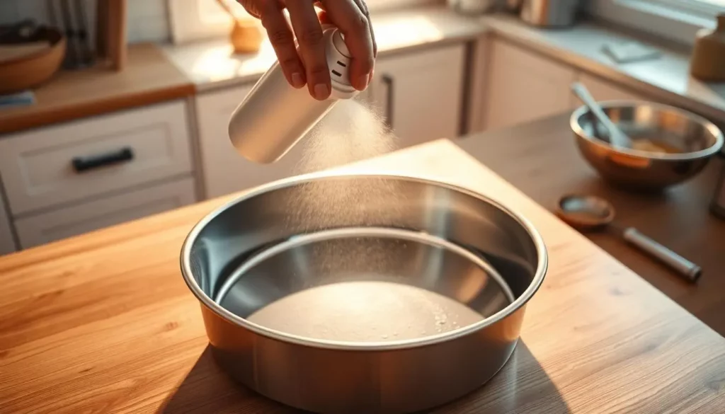 greasing a cake pan chef-applying-non-stick-spray-cake-pan